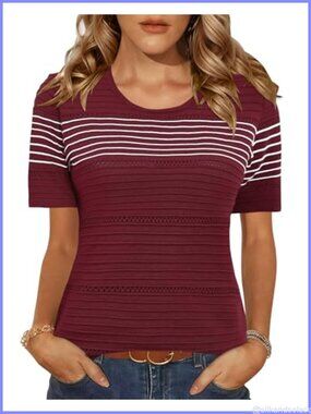 Short Sleeve Crochet Stripe Sweater Crewneck Ribbed Lightweight Pullover
